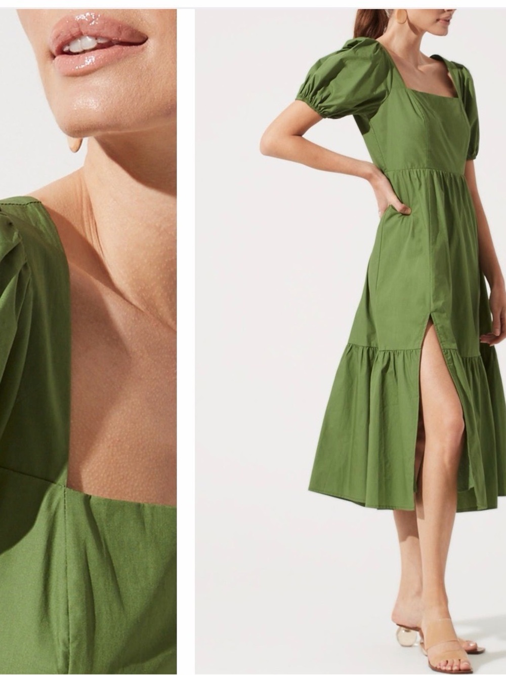 Olive Green Puff-Sleeve Midi Dress - Picture 1 of 8